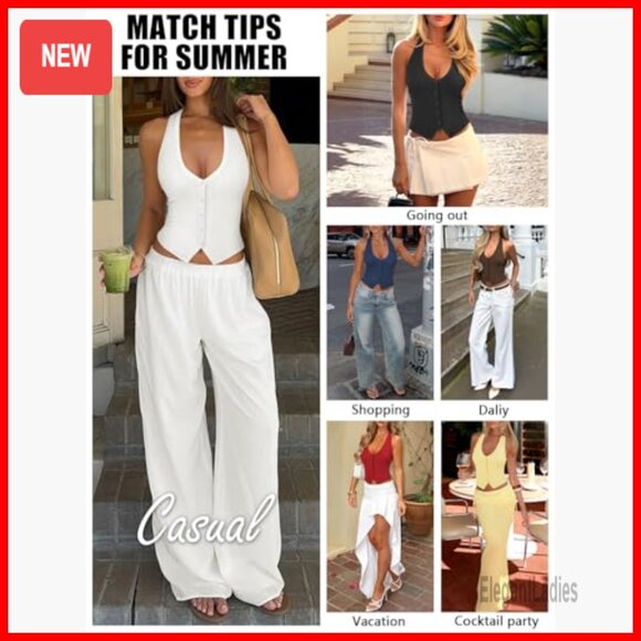 Ribbed Halter Tank Top Slim Fit Button Front Backless Crop Vest - Picture 6 of 6